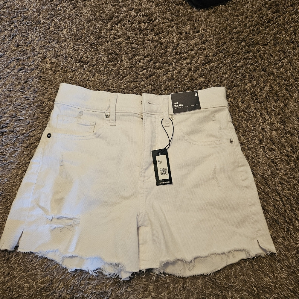 Express 90s High Rise White Denim Shorts